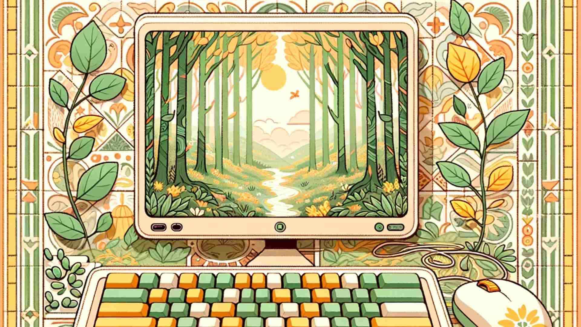 A tiled illustration of a green and yellow desktop with plants and a forest as its wallpaper.