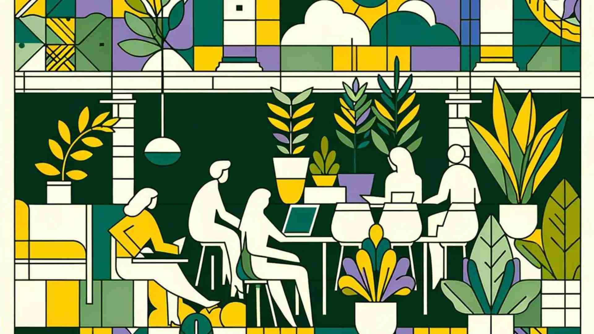 A mosaic-style illustration of people conversing in a green meeting room.