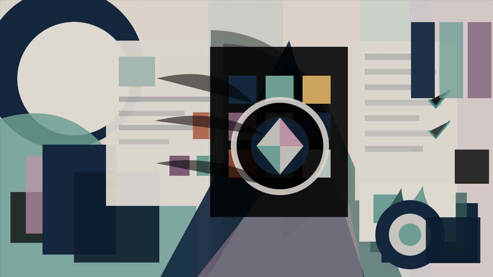Abstract modernist illustration of a supplier sustainability questionnaire moving through evidence, data, and response steps