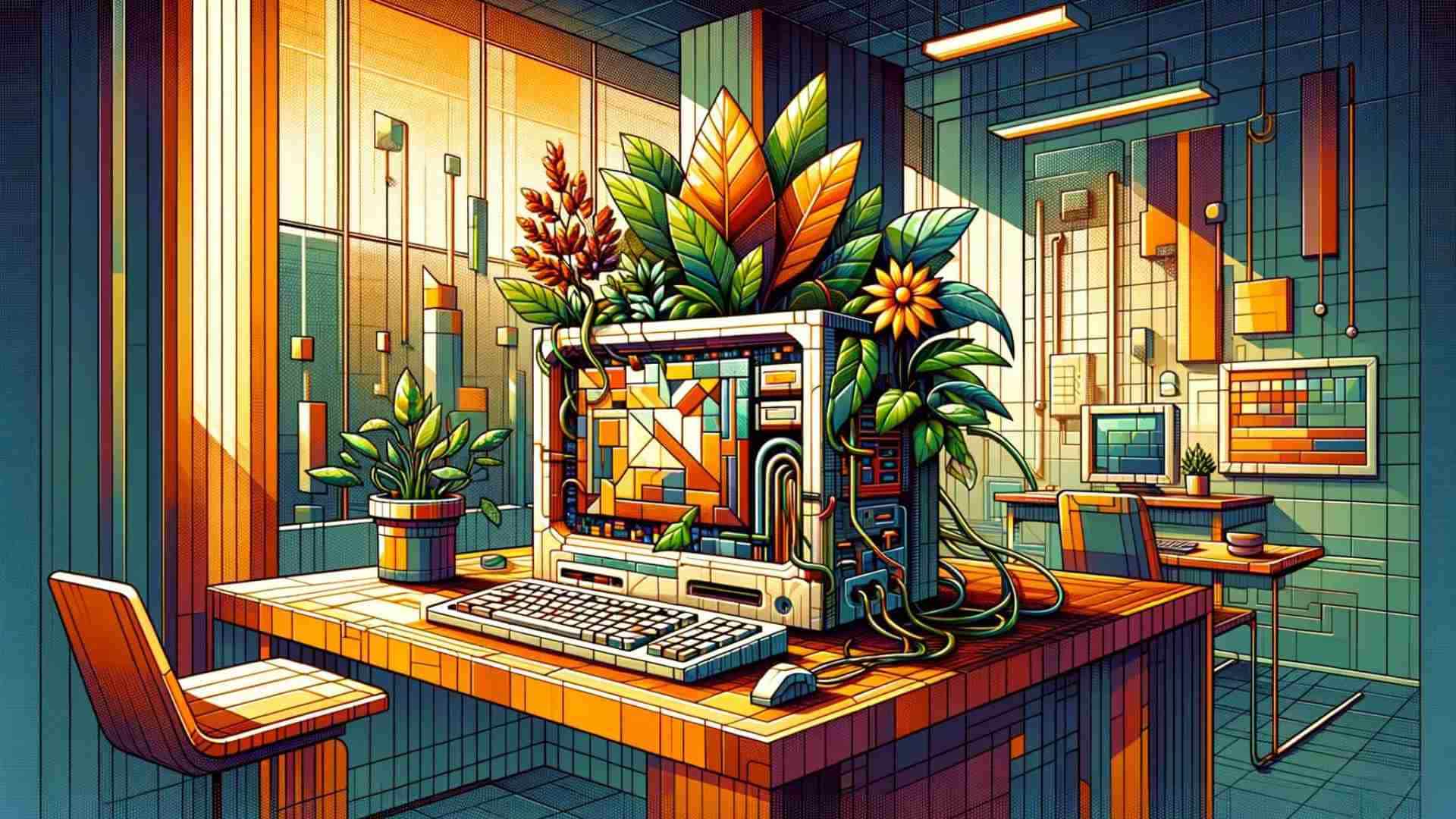 A cubist office desk with a desktop that has plants sprouting out of its screen.