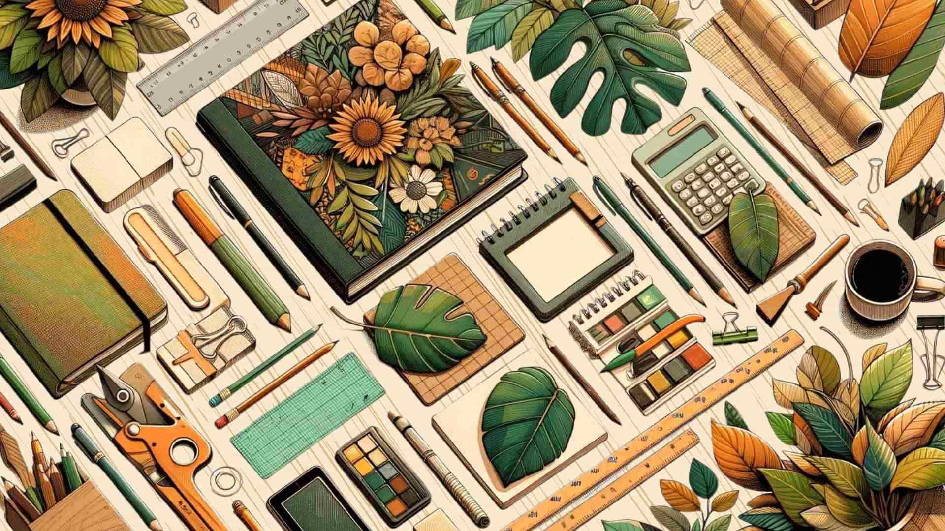 A flat lay illustration of office supplies and plants.