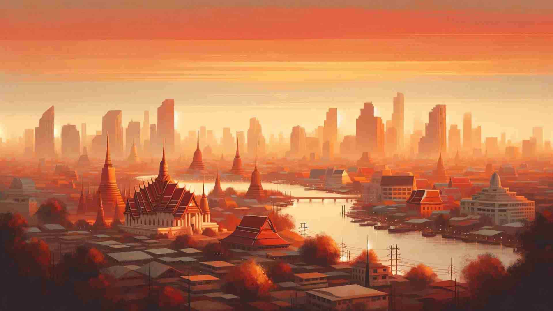 An illustration of a city in Thailand with a river coursing through it.