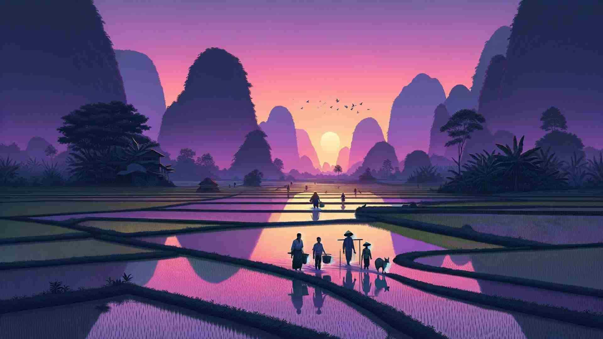 A violet monochromatic illustration of mountains and rice fields in Vietnam.
