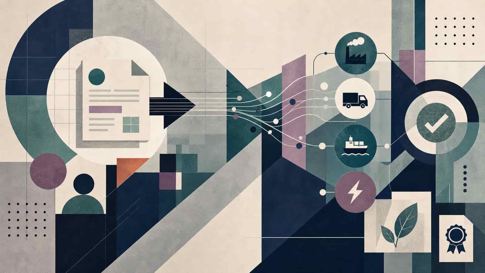 Abstract modernist illustration of supplier emissions data flowing from a customer request into documented evidence